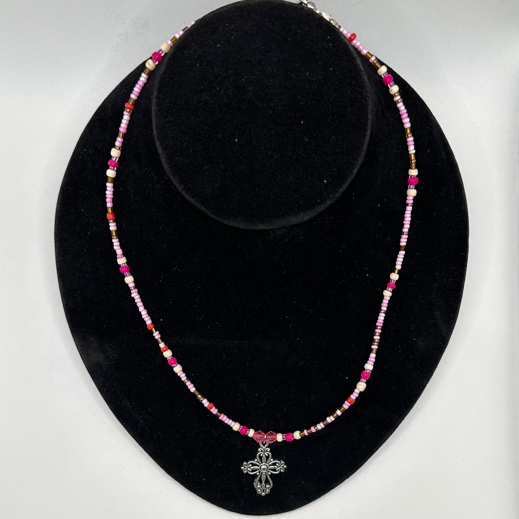 Cross Pendant on Glass Bead Necklace